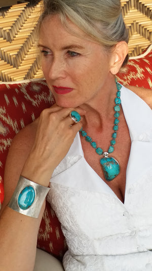 "Coup de Foudre" Love at First Sight (One-Of-A-Kind) Set Turquoise Silver Necklace, Turquoise Silver Cuff, Turquoise Silver Cocktail Ring