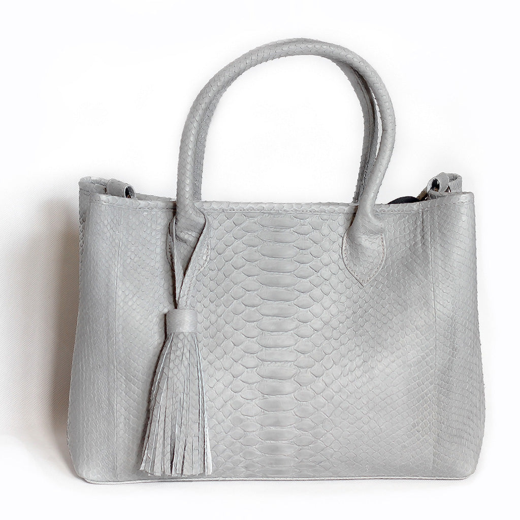 Grey shop snakeskin handbag