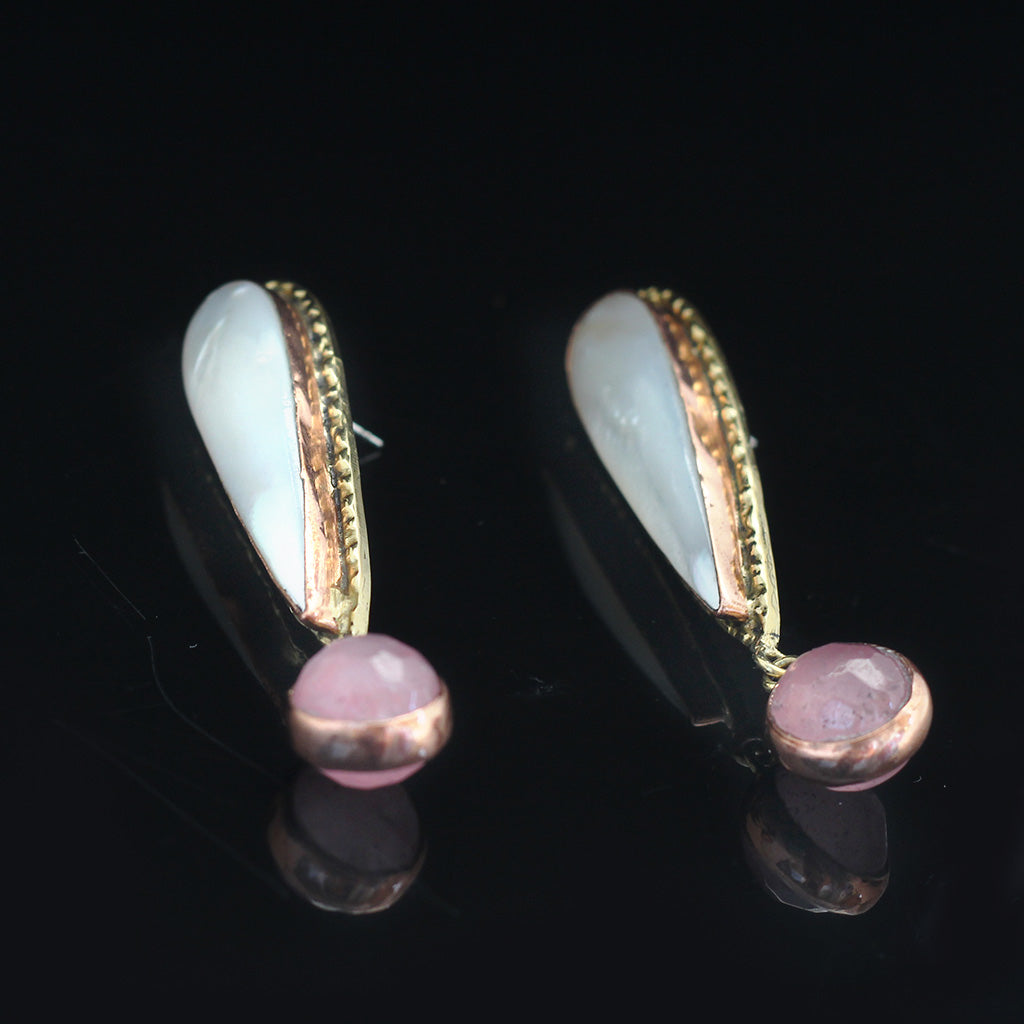 Elongated Pink | Shell, Rose Quartz, Copper, Brass Earrings | Yakubu Design | Image 2