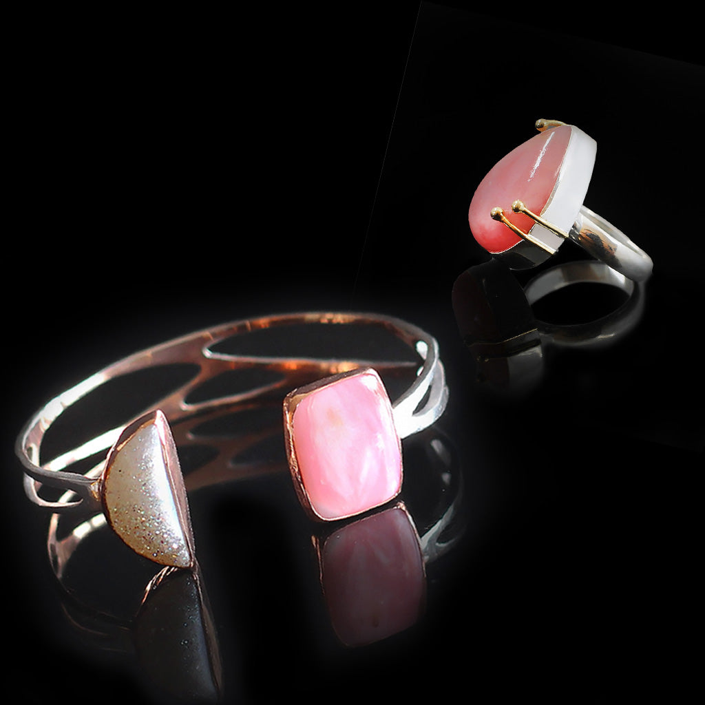Pearly Pink | Opal Druzzy Stone Rose Gold-Plated Bracelet | Pink Opal Stone Rose Gold-Plated Ring | Yakubu Design | Image 1