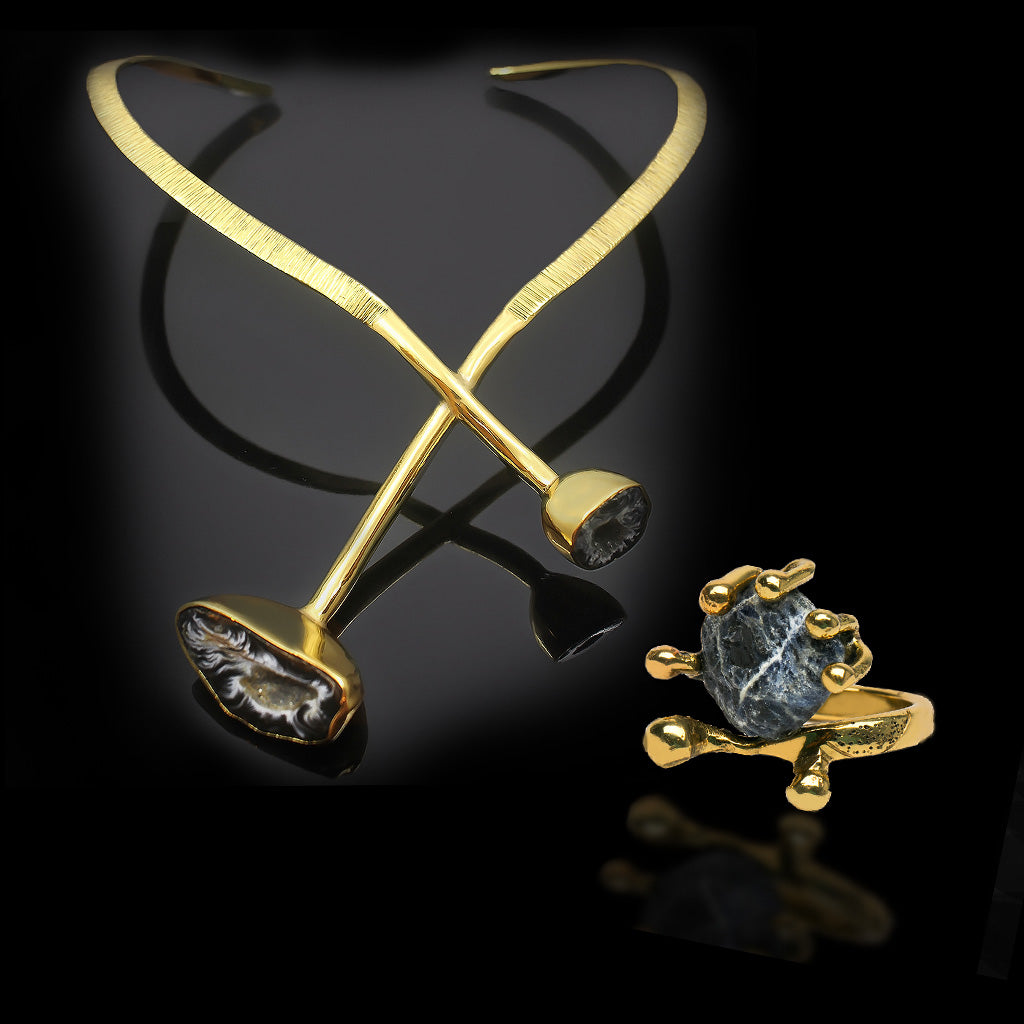 Lava Luxe Set | Agate Druzy Stone Brass Necklace | Sodalite Stone Ring Brass | Yakubu Design 1