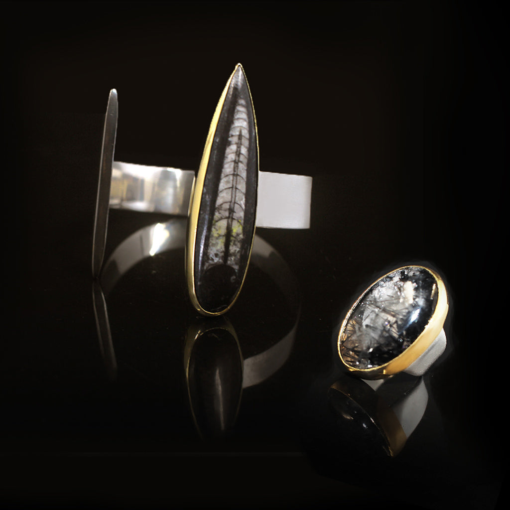Orthoceras 18k gold plating Bracelet | Black rutilated quartz 18k gold plating Ring| Yakubu Design Image 2